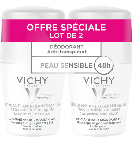 Vichy – Déodorant anti-transpirant 48 h roll-on peau sensible, 2 × 50 ml