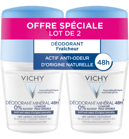 Vichy – Déodorant bille minéral 48 h actif anti-odeur d’origine naturelle, 2 × 50 ml