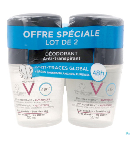 Vichy – Homme Déodorant bille 48 h anti-transpirant anti-traces protection chemise, 2 × 50 ml