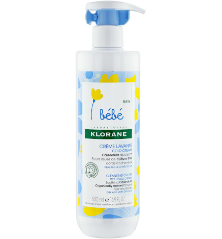 Klorane – bébé crème lavante cold cream au calendula, corps & cheveux, peau sèche à très sèche, 500 ml