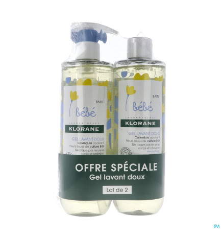 Klorane – bébé gel lavant doux au calendula apaisant, corps & cheveux, peau normale, 2 × 500 ml