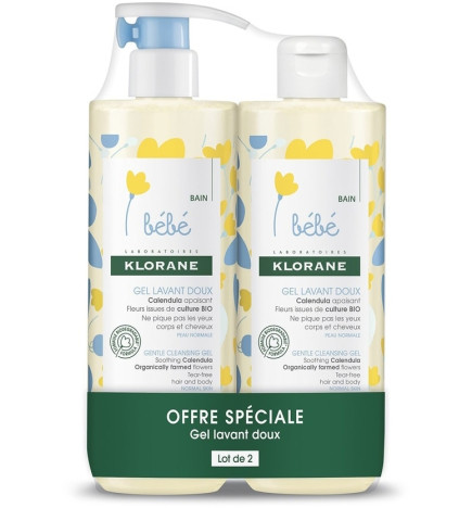 Klorane – bébé gel lavant doux au calendula apaisant, corps & cheveux, peau normale, 2 × 500 ml