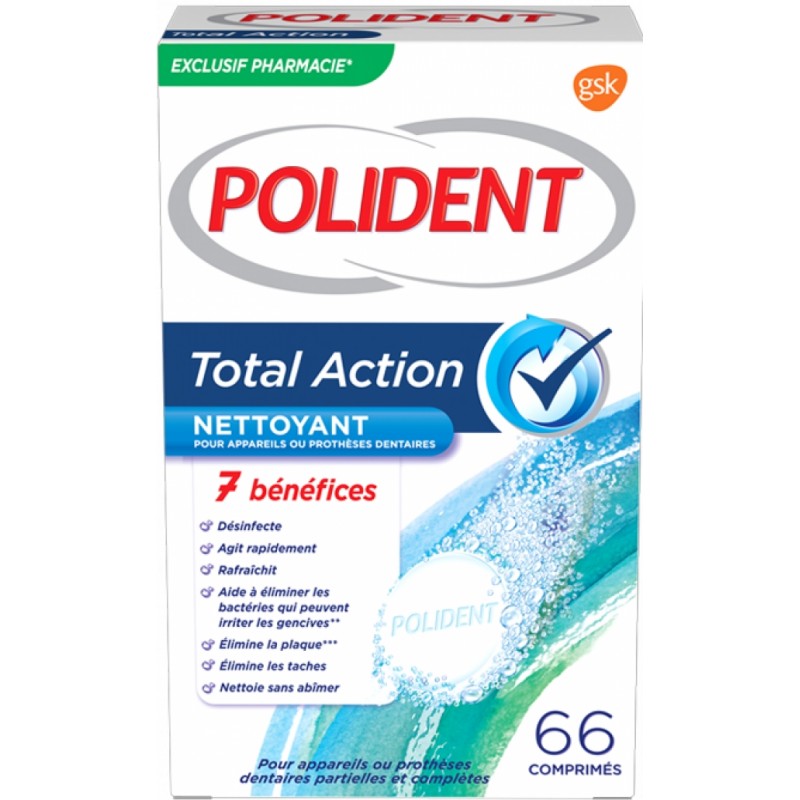 Polident Nettoyant Pour Appareils Ou Prothèses Dentaires Total Action 66 Comprimés