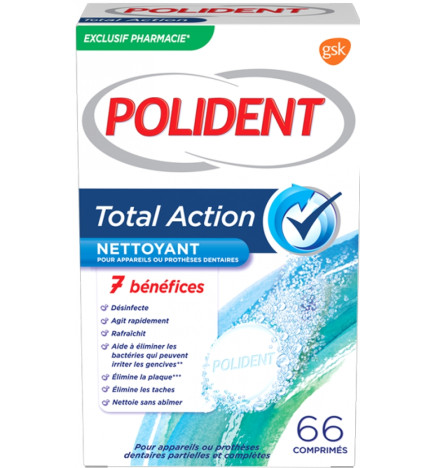 Polident Nettoyant Pour Appareils Ou Prothèses Dentaires Total Action 66 Comprimés