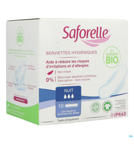 Saforelle – Serviettes hygiéniques bio extra fines nuit avec ailettes, x10