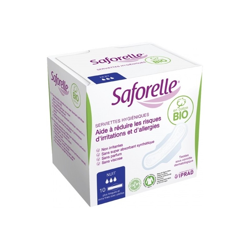 Saforelle Serviettes Hygiéniques Bio Extra Fines Avec Ailettes Nuit x 10