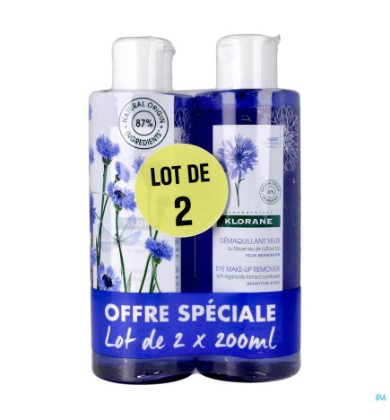 Klorane – bleuet démaquillant yeux au bleuet bio, yeux sensibles, 2 × 200 ml