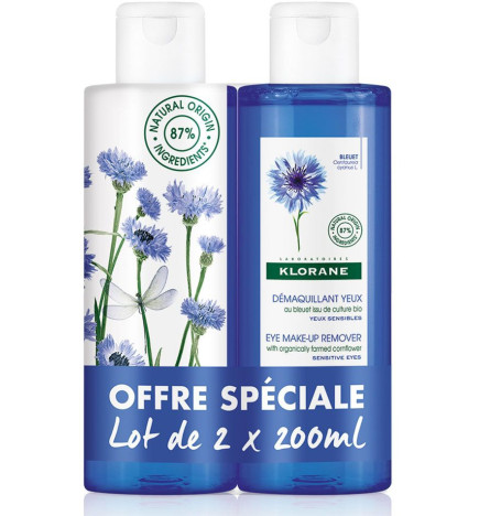 Klorane – bleuet démaquillant yeux au bleuet bio, yeux sensibles, 2 × 200 ml