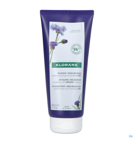 Klorane – centaurée après-shampoing déjaunissant à la centaurée bio, cheveux gris, blancs, blonds, 200 ml
