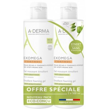 A-Derma Exomega Control Gel Moussant Émollient Anti-Grattage Lot de 2 x 500 ml