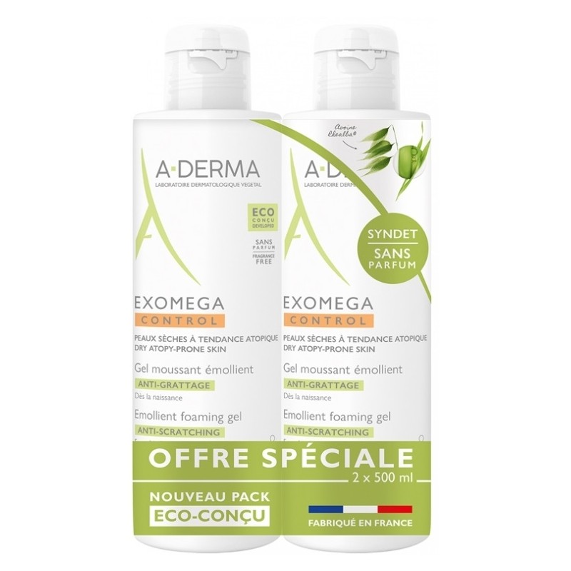 A-Derma Exomega Control Gel Moussant Émollient Anti-Grattage Lot de 2 x 500 ml