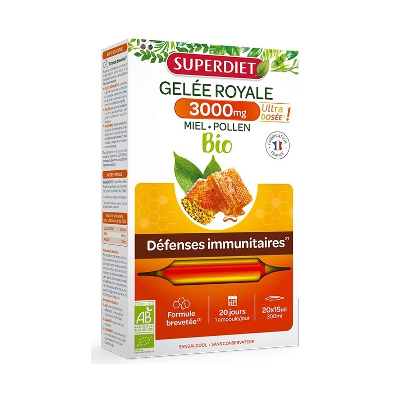 Super Diet Gelée Royale 3000mg Miel Pollen Bio 20 ampoules