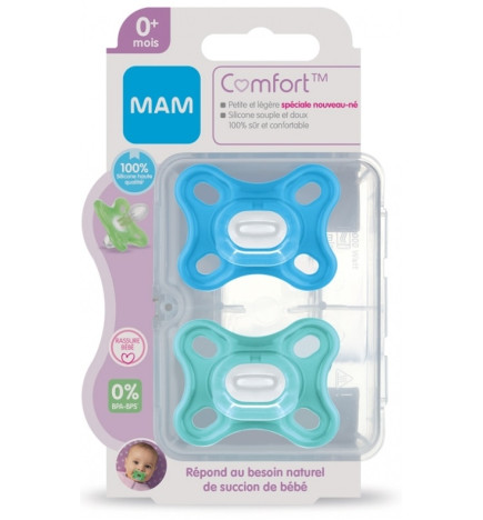 MAM Comfort 2 Sucettes en Silicone 0 Mois et + Boîte de Stérilisation