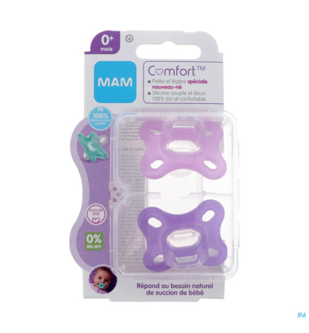 MAM – Comfort 2 Sucettes en Silicone 0 Mois et + Boîte de Stérilisation Couleur Rose
