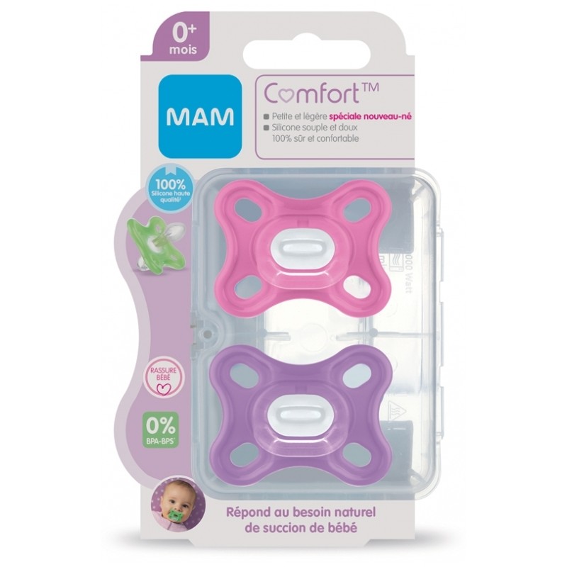 MAM Comfort 2 Sucettes en Silicone 0 Mois et + Boîte de Stérilisation