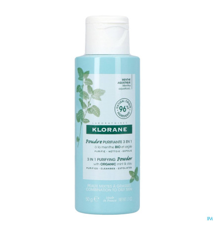 Klorane – poudre purifiante 3-en-1 à la menthe aquatique bio, 50 g