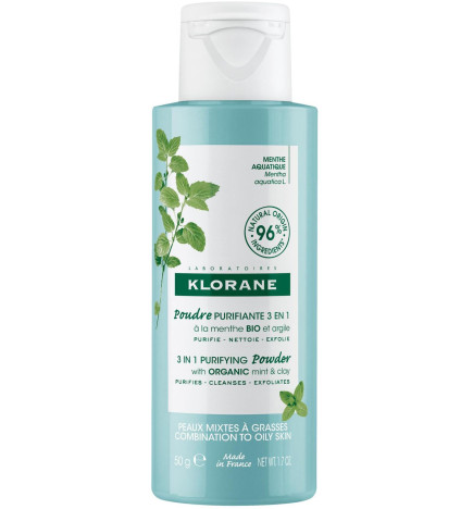 Klorane – poudre purifiante 3-en-1 à la menthe aquatique bio, 50 g