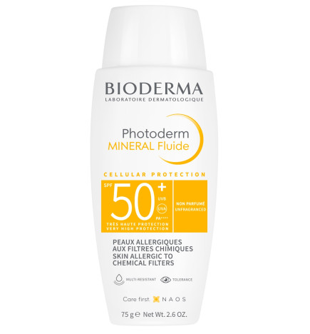 Bioderma – Photoderm Mineral Fluide SPF50+, peaux allergiques aux filtres chimiques, 75 g