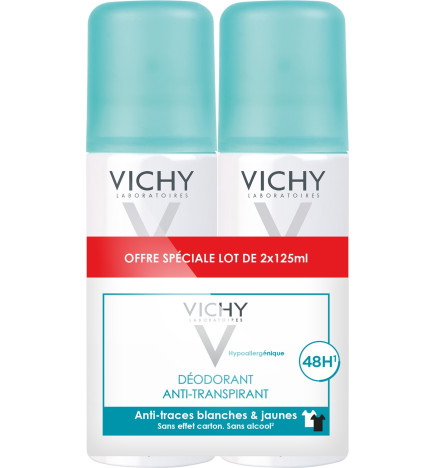 Vichy – Déodorant aérosol anti-transpirant 48 h anti-traces sans effet carton, 2 × 125 ml