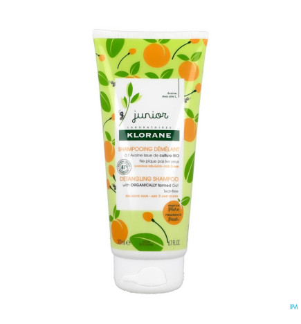 Klorane – junior shampoing démêlant à l’avoine bio, parfum pêche, corps & cheveux enfant, 200 ml