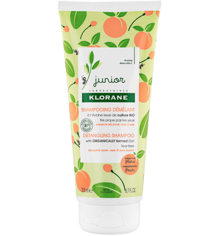 Klorane – junior shampoing démêlant à l’avoine bio, parfum pêche, corps & cheveux enfant, 200 ml