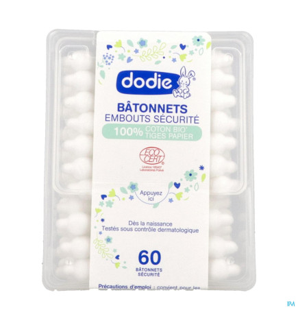Dodie – Bâtonnets embouts sécurité coton bio, x60