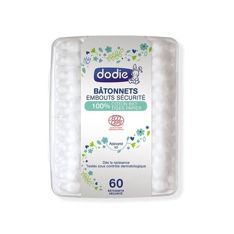 Dodie Bâtonnets Embouts Sécurité 100% Coton Bio Tige Papier x60