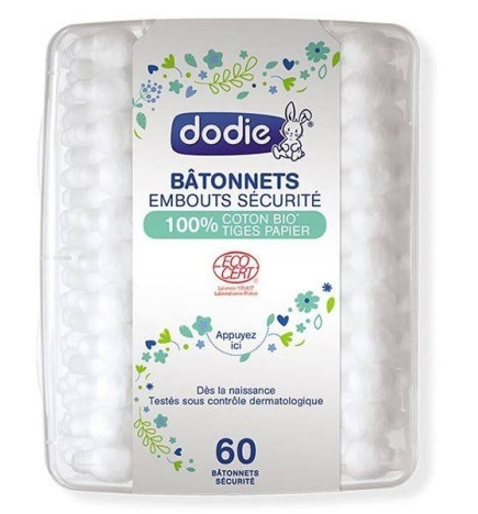 Dodie Bâtonnets Embouts Sécurité 100% Coton Bio Tige Papier x60