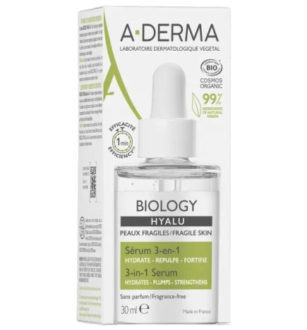 A-DERMA – Biology Hyalu Sérum 3-en-1 à l’Acide Hyaluronique, 30 ml