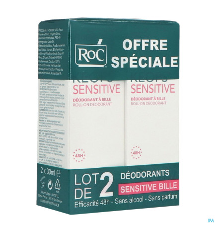 Roc Keops – Déodorant Roll-On Peaux Sensibles 48h, 2 x 30 ml