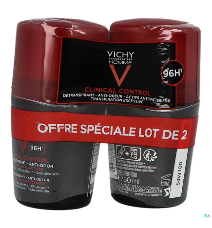 Vichy – Homme Déodorant CC 96 h roll-on, 2 × 50 ml