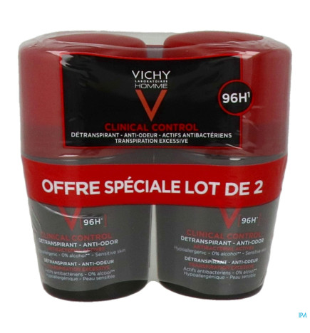 Vichy – Homme Déodorant CC 96 h roll-on, 2 × 50 ml