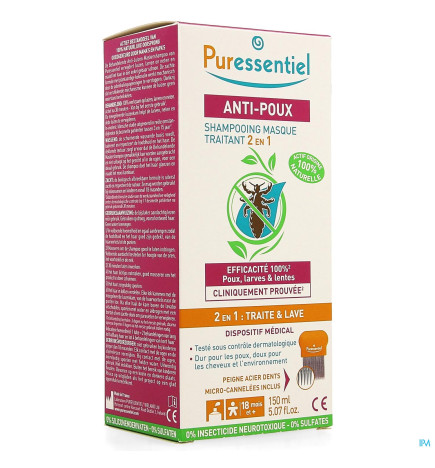 Puressentiel – Shampooing Masque Traitant 2en1 Anti-Poux avec Peigne, 150 ml