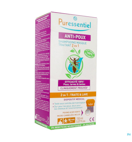 Puressentiel – Shampooing Masque Traitant 2en1 Anti-Poux avec Peigne, 150 ml