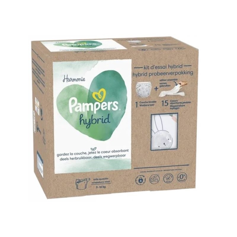 Pampers Harmonie Hybrid Starter Kit 1 Couche Lavable + 15 Coeurs Absorbants Jetables 3 16kg