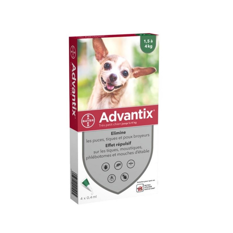 Advantix – Chien Très Petit 1,5 à 4kg, Spot On Solution 0,4 ml, 4 pipettes Advantix – Chien Très Petit 1,5 à 4kg, Spot On Solution 0,4 ml, 4 pipettes