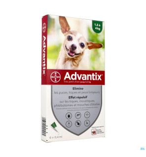 Advantix – Chien Très Petit 1,5 à 4kg, Spot On Solution 0,4 ml, 6 pipettes