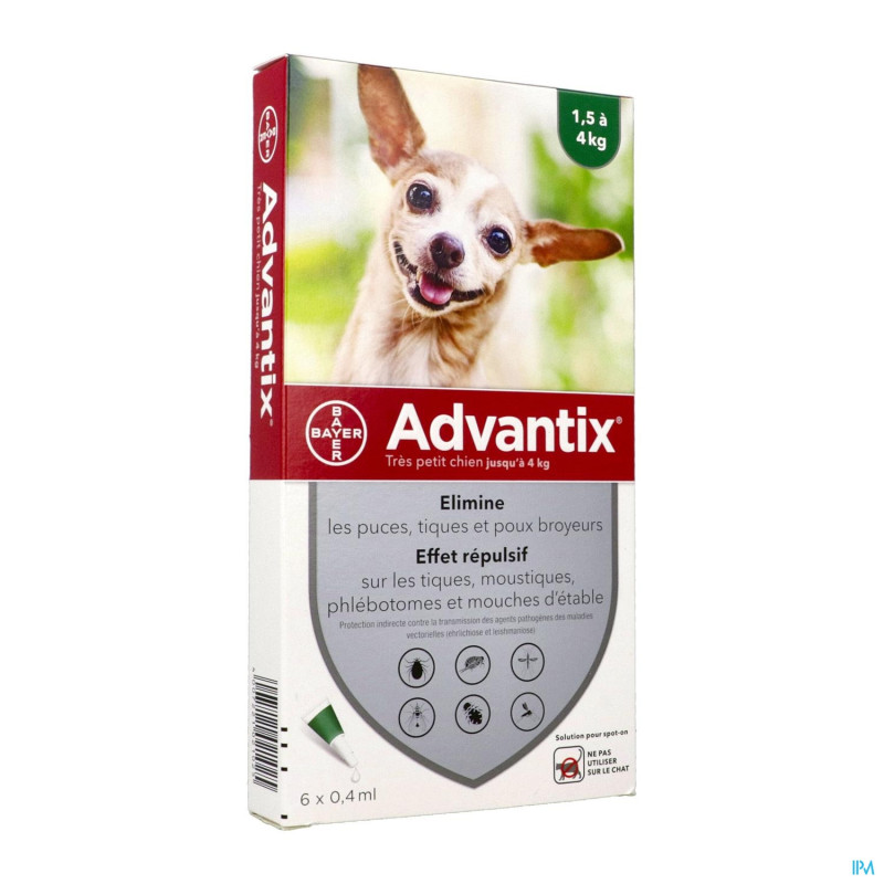 Advantix – Chien Très Petit 1,5 à 4kg, Spot On Solution 0,4 ml, 6 pipettes Advantix – Chien Très Petit 1,5 à 4kg, Spot On Solution 0,4 ml, 6 pipettes