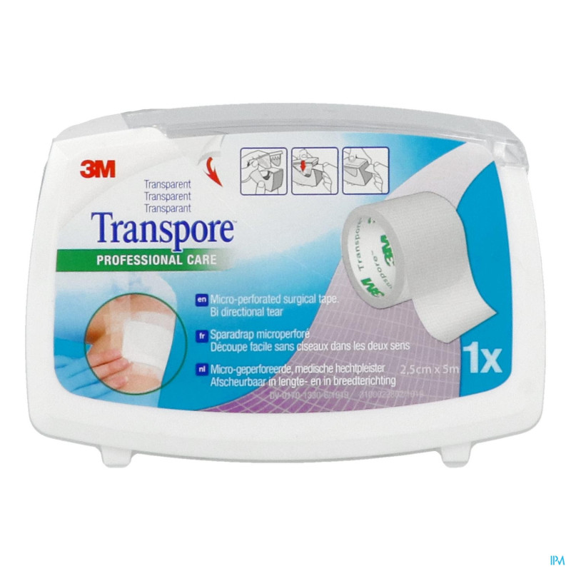 3M – Transpore Sparadrap standard microperforé avec dévidoir, 5 m x 2,5 cm 3M – Transpore Sparadrap standard microperforé avec dévidoir, 5 m x 2,5 cm