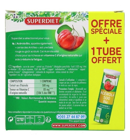 SUPER DIET – Acérola 500 Bio, 24 comprimés + 10 offerts