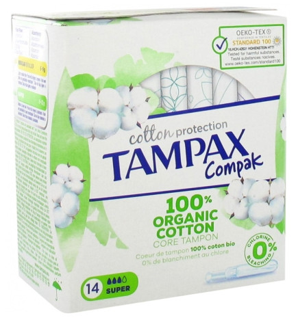 Tampax Compak Cotton Protection Super 100% Coton Bio 14 Tampons