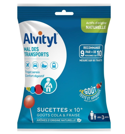 Alvityl Mal des transports 10 sucettes Cola et fraise