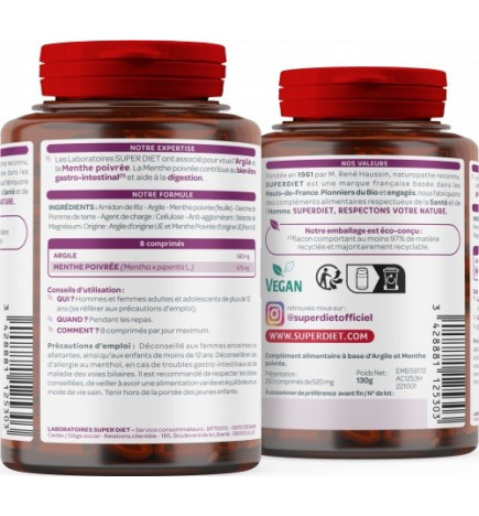 SUPER DIET – Argile Menthe Poivrée, 250 comprimés