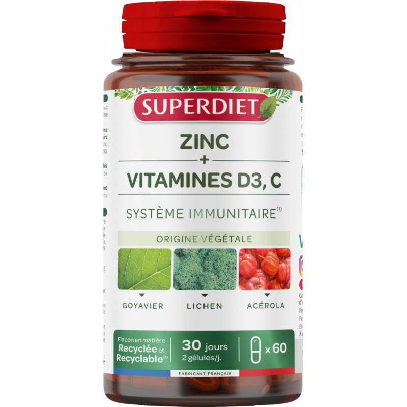 Superdiet Zinc+ Vitamines D3, C x60 Gélules