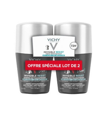 Vichy – Invisible Resist déodorant détranspirant 72 h anti-taches anti-irritations peaux sensibles bille, 2 × 50 ml