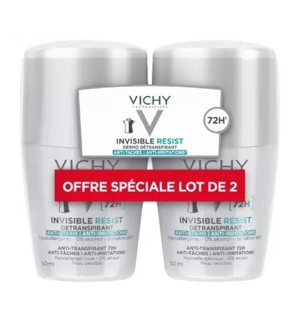 Vichy – Invisible Resist déodorant dermo-détranspirant 72 h roll-on, lot de 2 × 50 ml