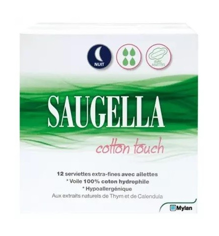Saugella – Cotton Touch Nuit Serviettes Extra-Fines avec Ailettes, x12