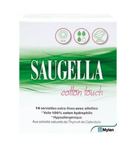 Saugella – Cotton Touch Jour Serviettes Extra-Fines avec Ailettes, x14