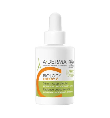 A-DERMA – Biology Energy C Sérum Coup d’Éclat Bio Visage et Yeux Peaux Fatiguées Ternes, 30 ml