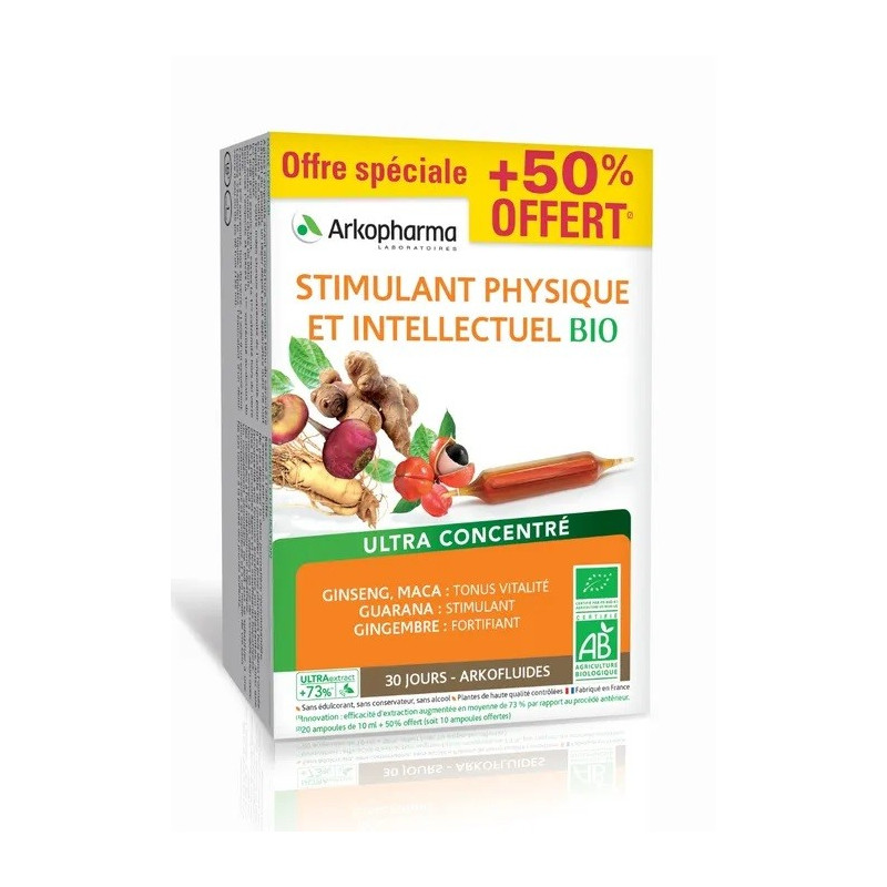 Arkofluides – Stimulant physique bio, 20 ampoules + 10 offertes